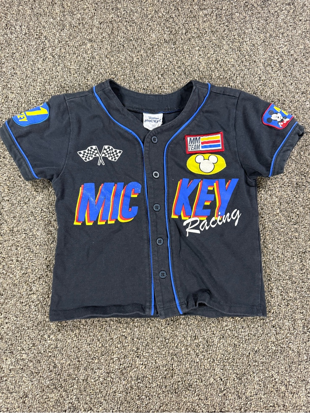 Disney Black Mickey Racing Button-Front Shirt with Blue Trim